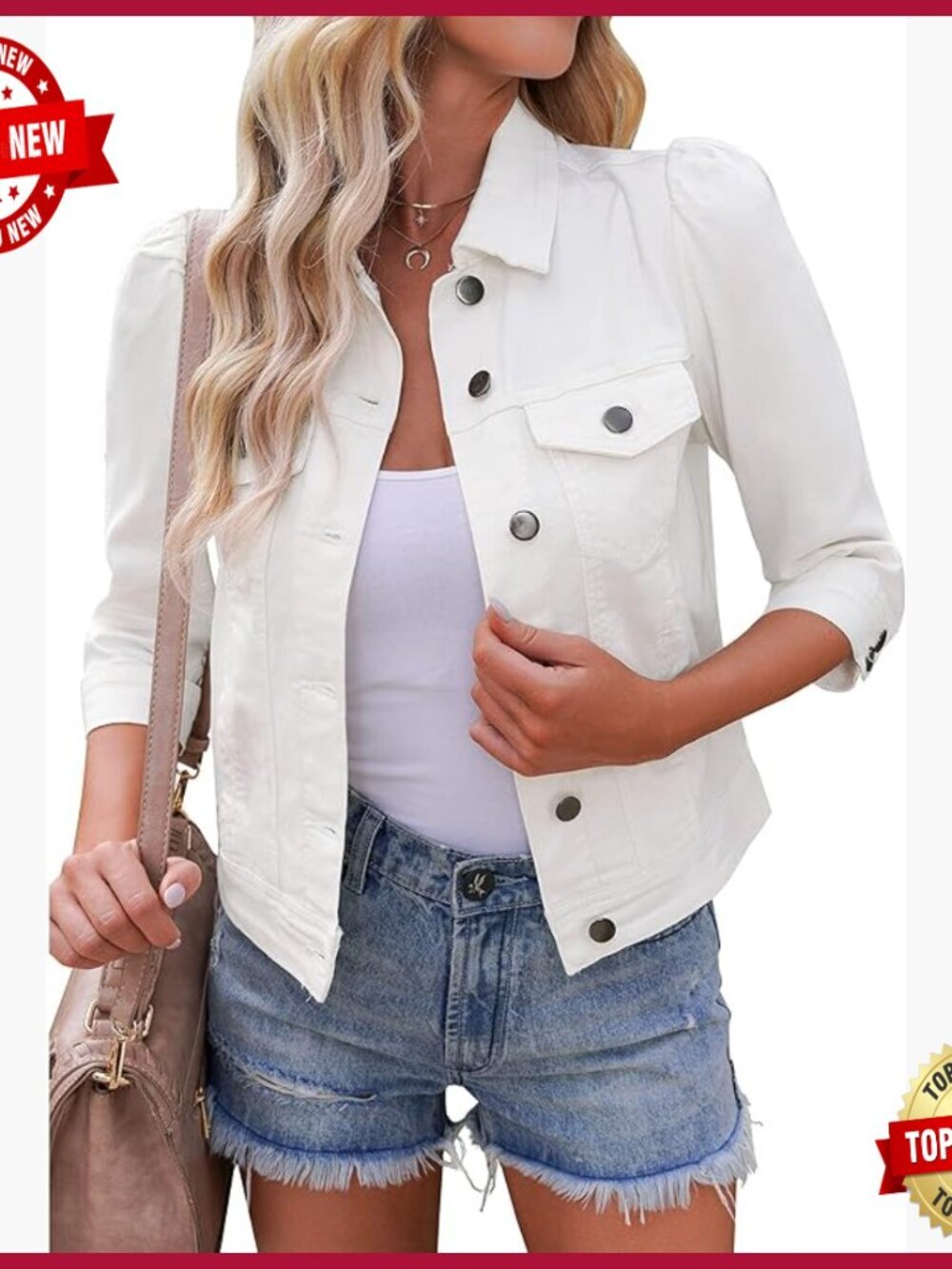 Stretchy Cropped Denim Jacket with Puff Sleeves and Pockets
